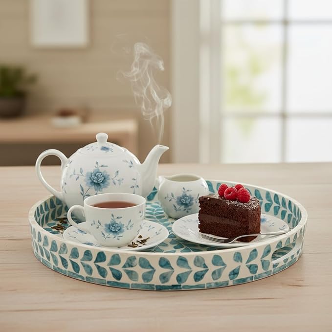 PEMAR 12.6” Mother of Pearl Round Serving Tray with Handles, Decorative Nacred Wooden Ottoman Coffee Table Tray (Teal Floral Pattern)