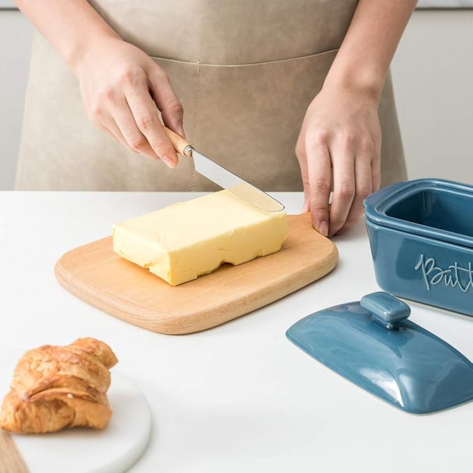 FE Butter Dish, 10 oz Ceramic Butter Keeper with Water Line, French Butter Dish with Lid for Countertop (Blue)