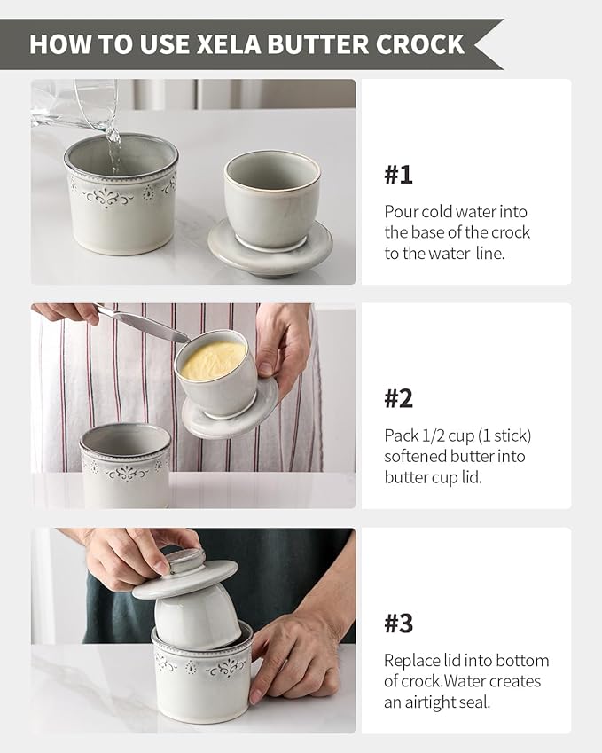 XELA Ceramic Butter Dish - French Butter Crock With Water Line - Keeps Your Butter Fresh and Spreadable - Light Gray