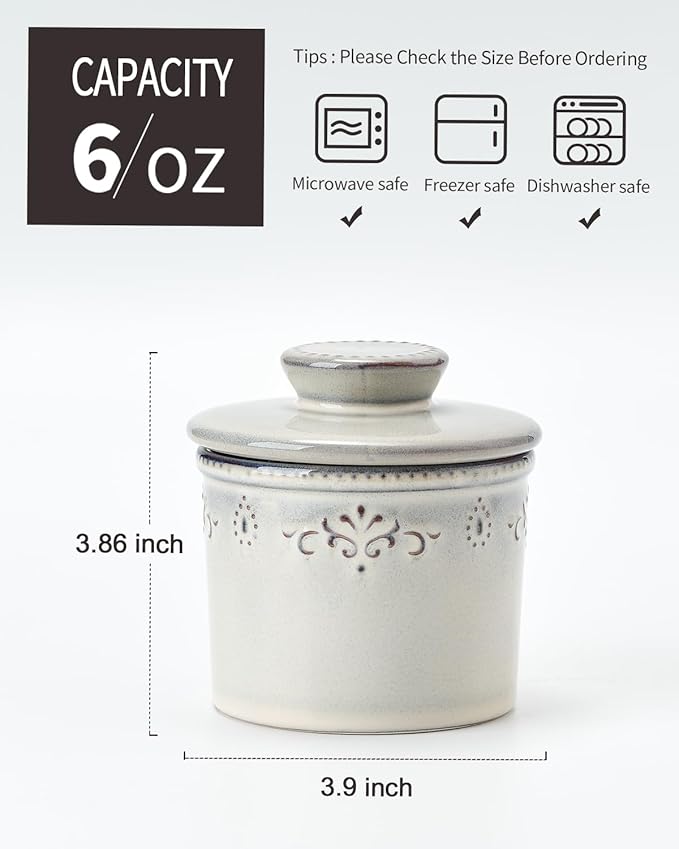 XELA Ceramic Butter Dish - French Butter Crock With Water Line - Keeps Your Butter Fresh and Spreadable - Light Gray