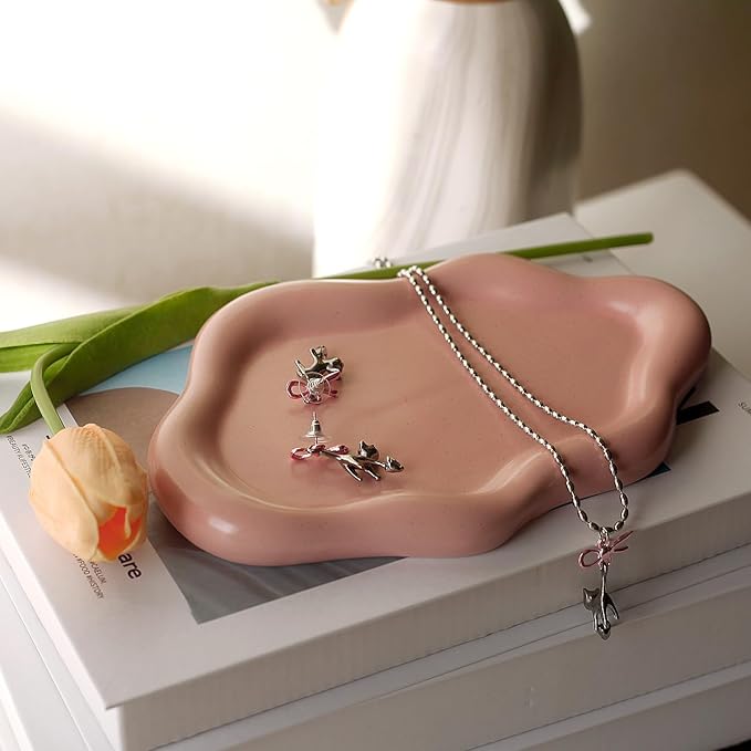 Jewelry Dish Trinket Tray for Women, Ring Dish Holder, Unique Cloud Shape Ceramic Plate Cute Things Vanity Aesthetic Room Decor Mother's Day Birthday (Pink)