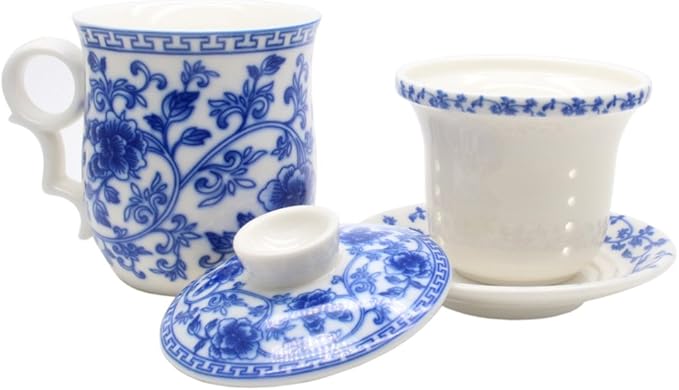Porcelain Tea Cup with Infuser Lid and Saucer Sets - Chinese Jingdezhen Ceramics Coffee Mug Teacup Loose Leaf Tea Brewing System for Home Office
