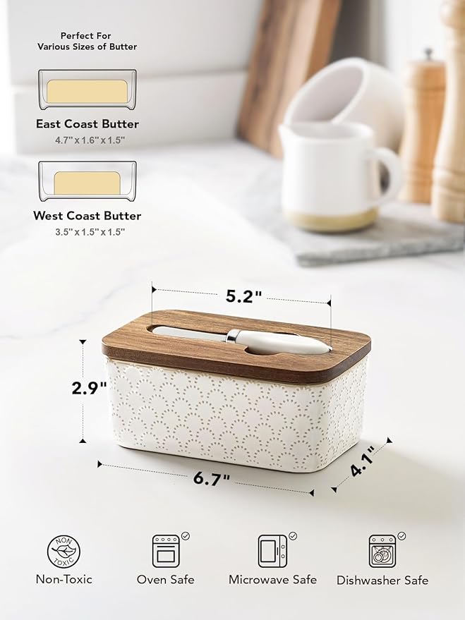 LE TAUCI Butter Dish with Lid for Countertop, Ceramic Butter Container, Embossed Butter Keeper with Acacia Wood lid, Knife, and Airtight Cover, Farmhouse Decor - Set of 1, Arctic White, Fireworks