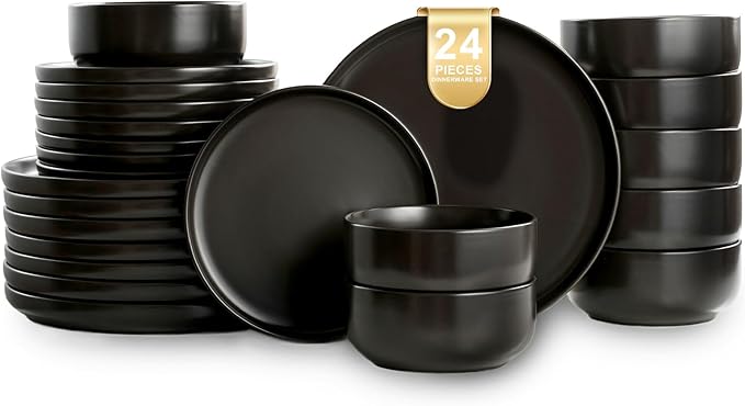 EWFEN Plates and Bowls Sets, 24 Pieces Ceramic Dinnerware Set for 8, Stoneware Dishware Dishes Set, Scratch Resistant Dishes Set, Dishwasher & Microwave Safe, Black