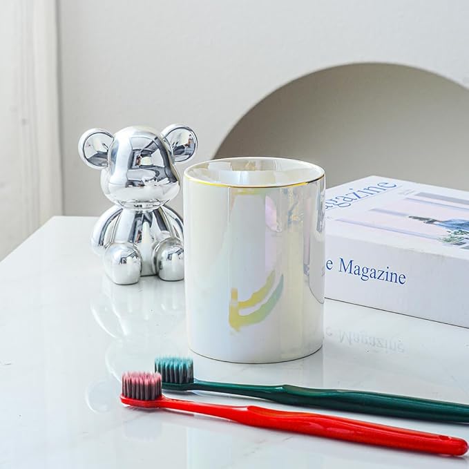 Ceramic Cute Toothbrush Holder Toothpaste Holders, Bathroom Tumbler Cups Reusable,Bathroom Counter Organizer (Pearl)
