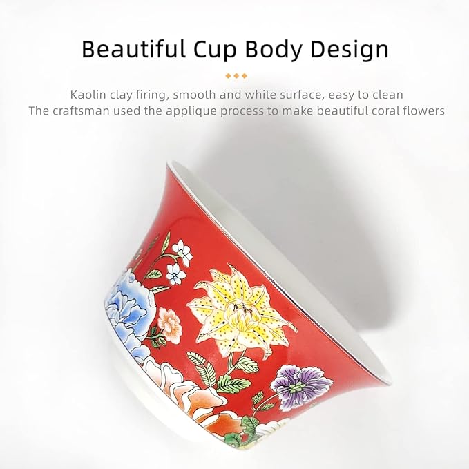 Porcelain Chinese Tea Cup,Asian Ceramic Tea Cups with Lid and Saucer,Chinese Kungfu Teamug Set Handleless Traditional Gaiwan (10oz Red)