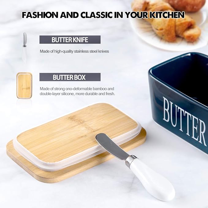 Hasense Porcelain Butter Dish with Bamboo Lid - Covered Butter Keeper with Butter Knife for Countertop, Airtight Butter Container with Cover Perfect for East West Coast Butter, Blue