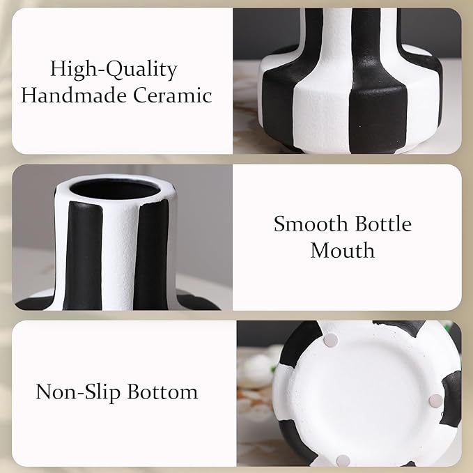 Modern Nordic Black and White Striped Ceramic Vase – Rough-Textured Minimalist Tabletop Decor for Living Room, Bedroom, Office – Unique Centerpiece for Wedding or Housewarming Gift
