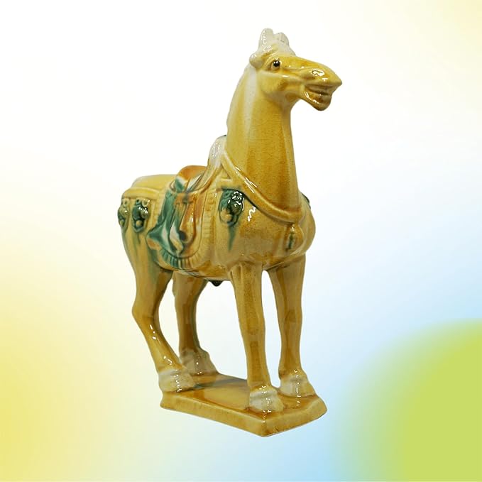 Handmade Tang Dynasty Tri-Color Horse Ceramic Sculpture - 19cm Traditional Chinese Cultural Art Decor - Symbol of Prosperity & Good Fortune - Perfect for Home, Office, Bookcase Shelf (Yellow)