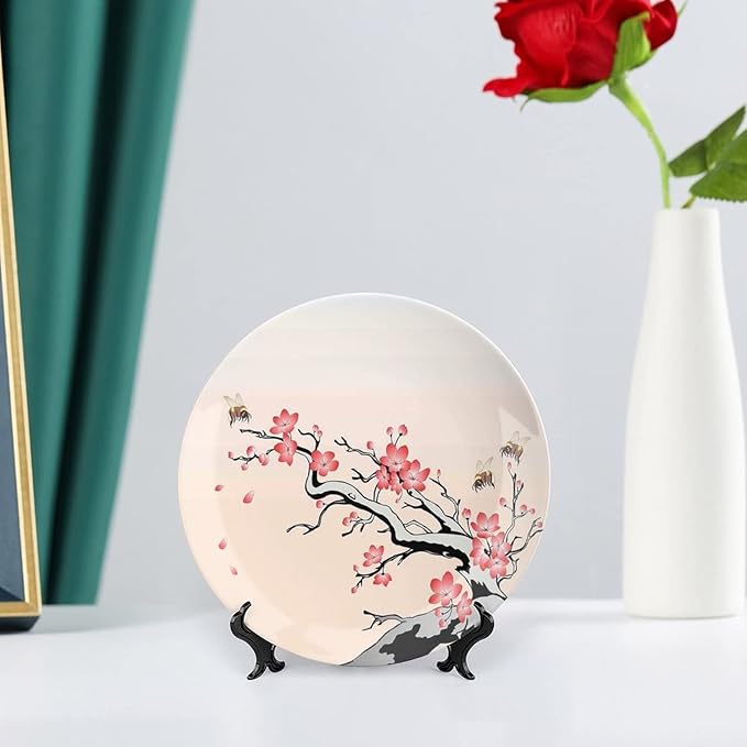 XISUNYA 6 Inch Decorative Plate, Janpese Decor Ceramic Craft, Flowering Cherry Branch with Flying Bees Summer Print Ceramic Wall Hanging for Home & Office Wall Hanging Decor