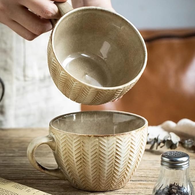 Large Mug, Ceramic Cup with Wood Saucer Set of 1, Cup for Coffee Tea Cereal Breakfast Milk Hot cocoa, Vintage Wheat Embossed Stoneware Mug, 13.3oz/400ml - Microwave Dishwasher Safe