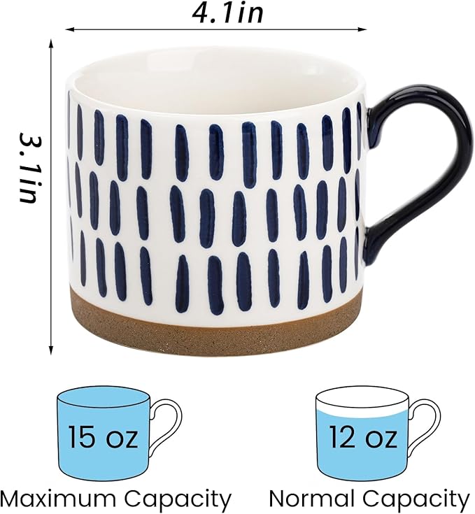 SOUJOY Set of 4 Large Ceramic Coffee Mugs, 15 Oz Hand Painted Coffee Cups with Handles, Vintage Glazed Porcelain Soup Mugs for Tea, Hot or Cold Drinks, Best Gifts for Birthday, Thanksgiving, Christmas