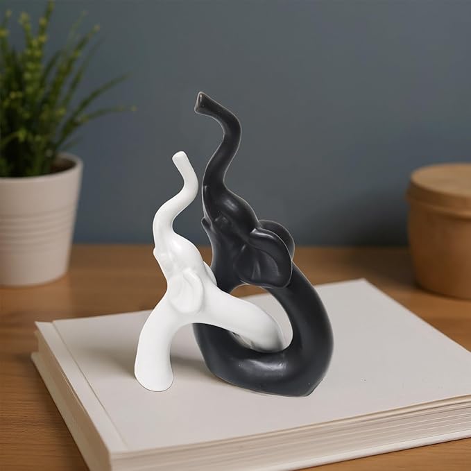 Zerzsy Loving Pair of Elephants Statues Figurine, Modern Style Sculpture Decorative, Ornament Elephant for Living Room Office Cabinets, Shelf - Black & White Ceramic Decor