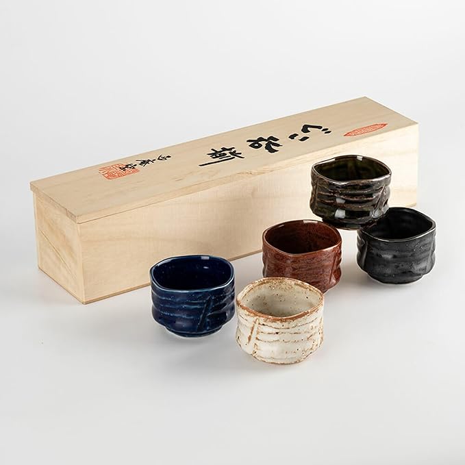 Japanese Sake Cup Set, 5 Mino Ware Guinomi Ceramic Cups with Wooden Box, Traditional Pottery for Sake Tea Snacks, Handmade in Japan (Kohogama Sake Set (5cups), Cup Size (2.5 fl oz - 75 ml))