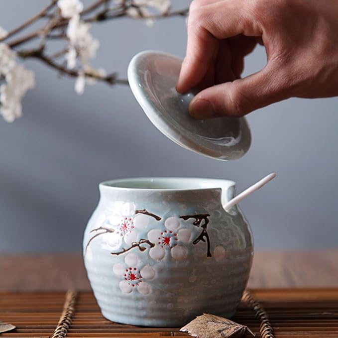 Ceramic Flower Sugar Bowl Seasoning Pot Salt Pepper Storage Jar with Lid And Spoon