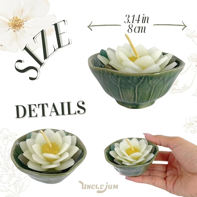 Set of 2 Lotus Flower Candle in Ceramic Bowl 3" – Handmade Floating Lotus Tealight for Spa, Meditation, Home Decor, Relaxation, Gift