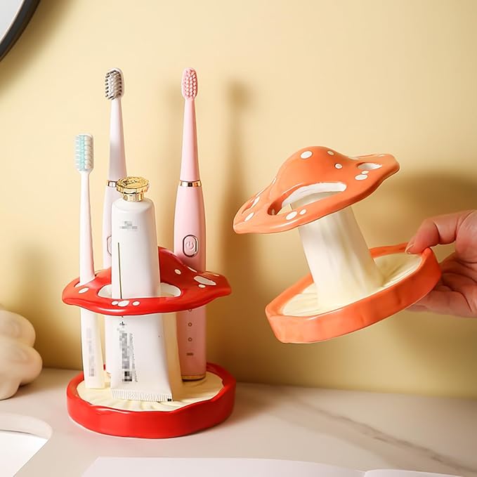 Gaolinci Cartoon Mushroom Ceramic Toothbrush Holder, Bathroom Toothbrush and Toothpaste Storage Decoration