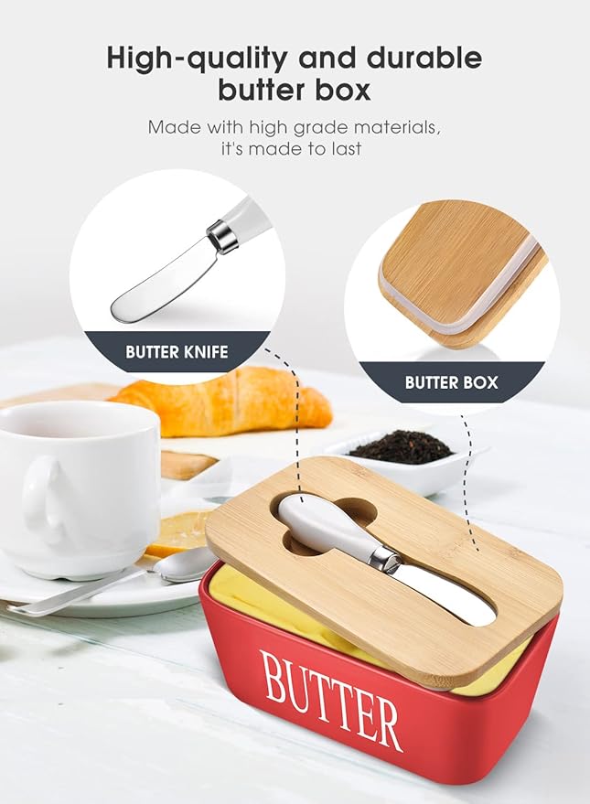 AISBUGUR Large Butter Dish with Lid Ceramics Butter Keeper Container with Knife and High- quality Silicone Sealing Butter Dishes with Covers Good Kitchen Gift Red 6.3 x 3.5 x 2.7 inches