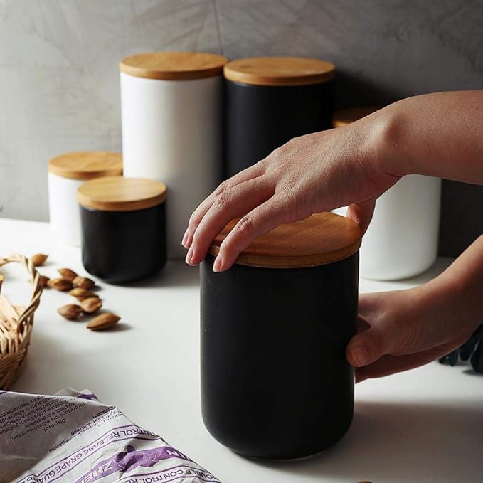 YYW Ceramic Food Storage Jar Canister with Airtight Wooden Lid, Modern Design Food Canisters Loose Tea Coffee Sugar Spice Nuts Snacks Seasonings Storage Jar Caddy (White 6.76oz/200ml)