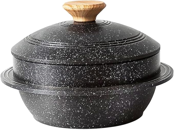 Cast Aluminum Pot with Lid, 72 oz Non-Stick Casserole Dish Korean Stone Bowl Induction Compatible, 2150 ml - Black