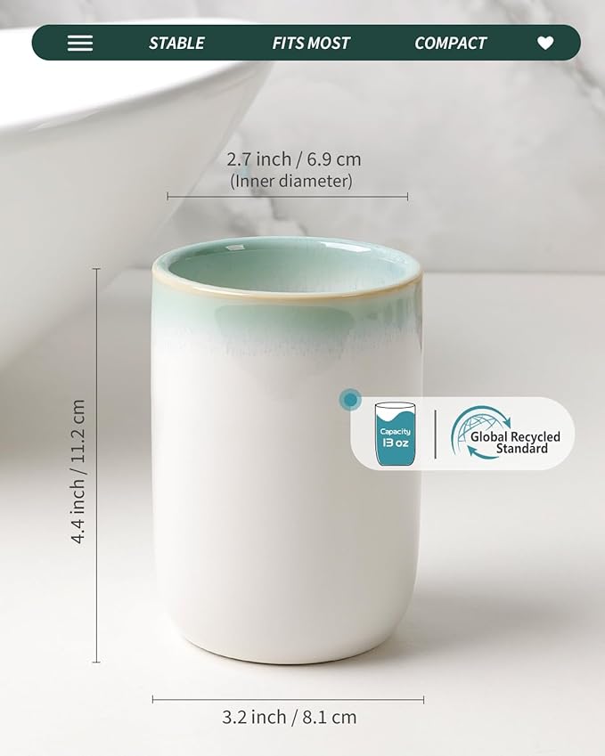 BosilunLife Ceramic Toothbrush Holder - 12oz Bathroom Toothbrush Holder Tooth Brush Holders Tumbler Cups Reusable Toothbrush Mouthwash Cup Small Toothbrush and Toothpaste Holder, White with Blue-Green