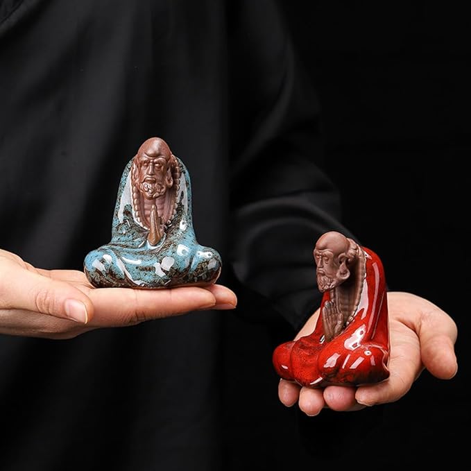 Purple Sand Bodhidharma Statue 7 cm Zen Bodhidharma Buddha Statue Meditation Ceramic Sculpture Home Tea Room Desktop Decoration Ornaments (Blue+red)