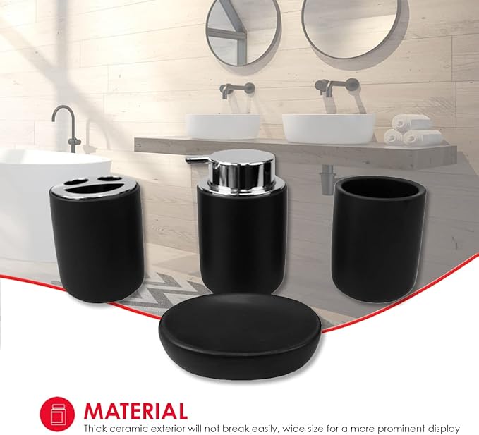 Home Basics Luxem 4 Piece Ceramic Bath Accessory Set (Black, 1) | Matte Finish | Neutral Color | Extremely Durable