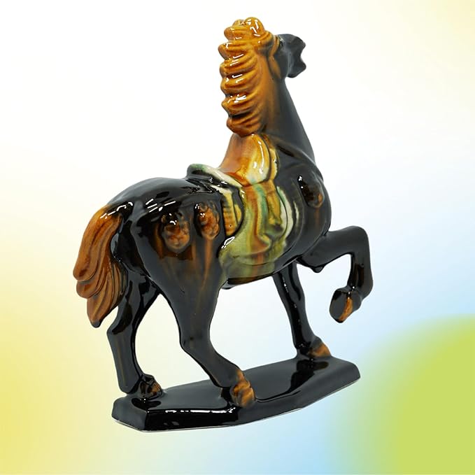 Handmade -Tang Dynasty Tri-Color Horse Sculpture Ceramic Horse-19cm Cultural Art Piece for Home,Bookcase or Office Decor (Black)