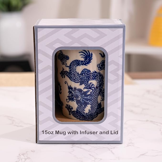 Urban Tokyo Tea Mug With Lid and Stainless Steel Infuser For Loose Leaf Tea Bag Tea Cup 15oz Porcelain Hot Beverage Everyday Use Home Office (Ryu Dragon)