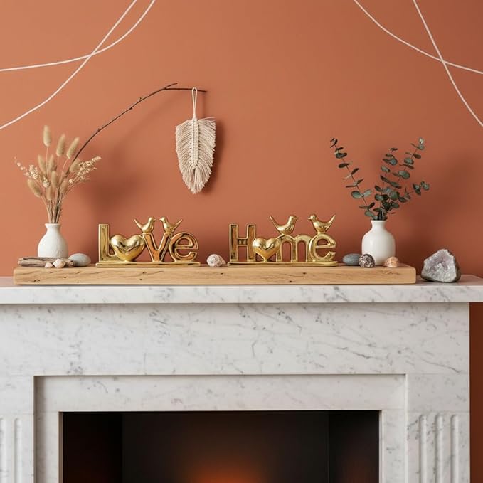 Ceramic Love & Home Sign Decor with Bird Statues Set 2,10" Modern Gold Tabletop Sculptures for TV Stand,Floating Shelf & Entryway,Romantic Wedding & Warm Housewarming Gift Set (Gold)