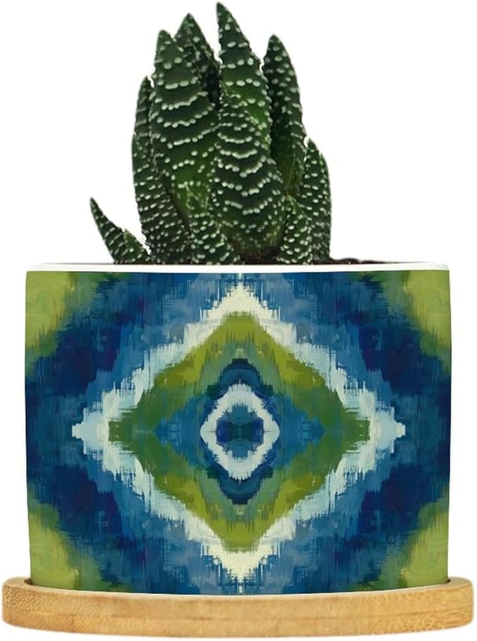DreamAutumn Blue and Green Geometric Ikat Ceramic Pots for Plants with Drainage Holes Round Flower Pot Bamboo Tray Orchid Pot Succulents Pots for Outdoor Indoor Plants,Housewarming Gifts