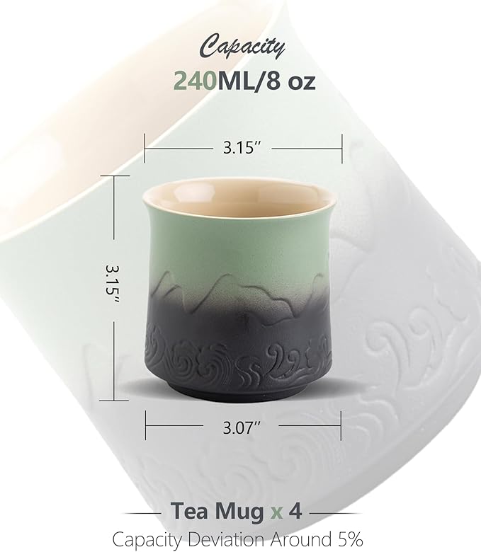 ZENS Japanese Tea Cups Set of 4, Embossed 8 oz Ceramic Japan Tea Cup for Hot Tea or Matcha, Japanese Style Handle-less, Occupied Japan Tea Cup, Moss Green