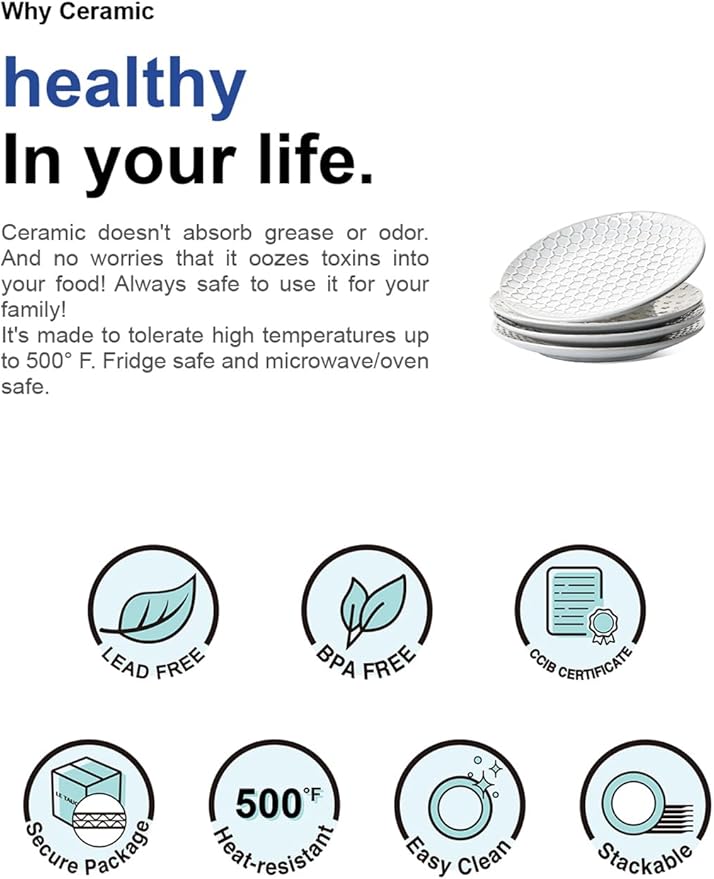 LE TAUCI Ceramic Salad Plates Set of 4, 8 Inch Embossed Dessert Plates for Appetizer and Small Dinner, Modern White Ceramic Plates for Kitchen, Microwave and Dishwasher Safe - Arctic White