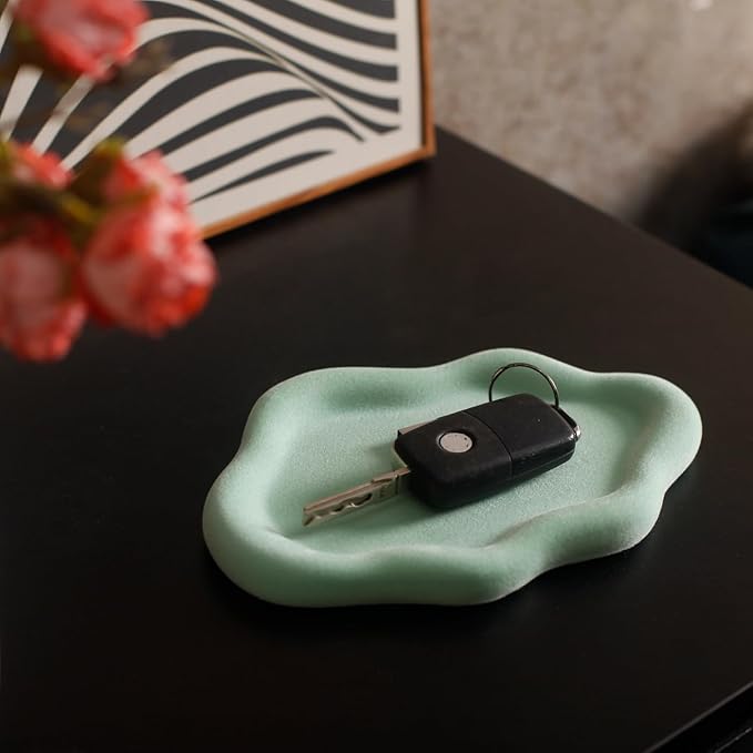 Jewelry Dish Trinket Tray for Women, Ring Dish Holder, Unique Cloud Shape Ceramic Plate Cute Things Vanity Aesthetic Room Decor Mother's Day Birthday (Flocked Green)