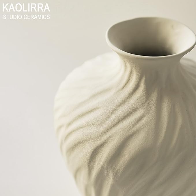 Ceramic Vase - 9.84 Inch Beige Flower Vase for Home Decor, Boho Farmhouse Minimalist Modern & Wabi Sabi Centerpiece with Textured Wave Pattern for for Living Room, Ideal Gift for Housewarming