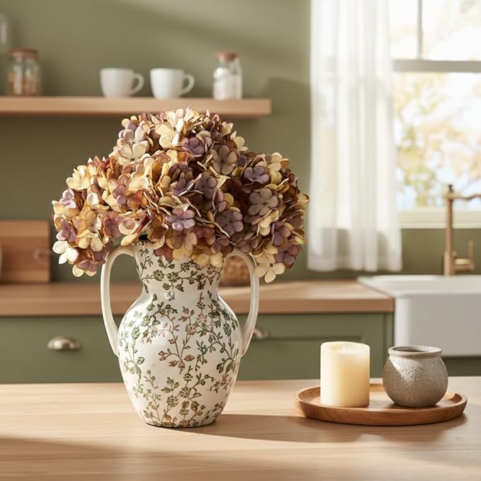 Emotionally Grounded Vase, Vaseking Large Ceramic Rustic Vase with 2 Handles, 8.3 inch Green and Beige Decorative Farmhouse Tall Vases for Home Decor, Living Room, Enterway, Table Decoration