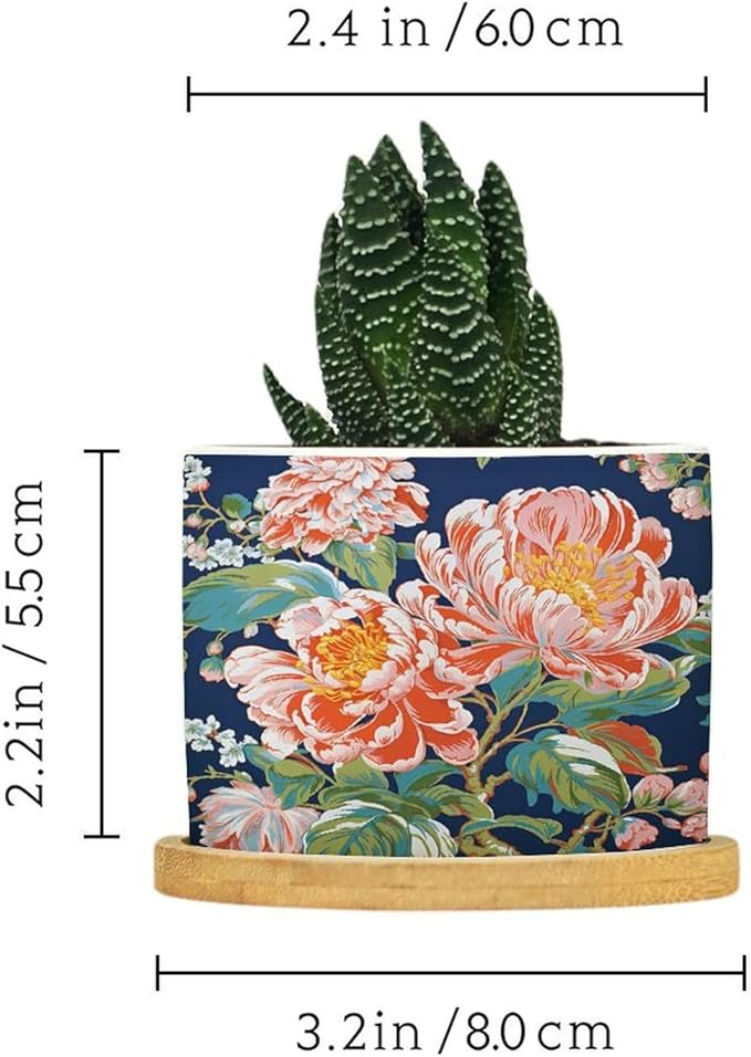 Bright and Chinoiserie Planters Ceramic Coral Peony Floral Round Plant Pot with Drainage Holes and Bamboo Tray Pot for Indoor Outdoor Garden