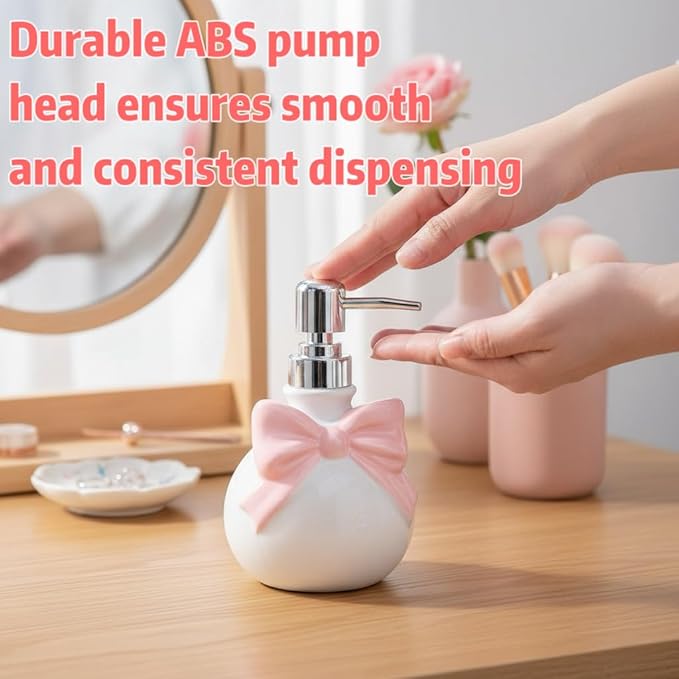 Pink Ceramic Soap Dispenser Set – Bow Design 12oz Dispenser with 2 Ceramic Toothbrush Holders & PP Tray, Refillable Cute Bathroom Accessories for Lotion, Hand Soap & Dish Soap