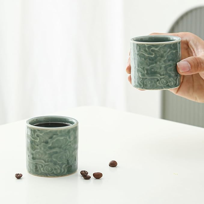 Ceramic Espresso Cups Set of 2 or 4-3oz Demitasse Cups for Coffee & Tea, No Handles, Durable & Dishwasher Safe (green, 2)