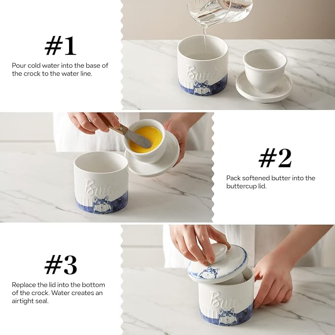 Toptier Butter Crock for Counter With Water Line, On Demand Spreadable Butter, Ceramic Butter Keeper to Leave On Counter, French Butter Dish with Lid (Hottie Cat)