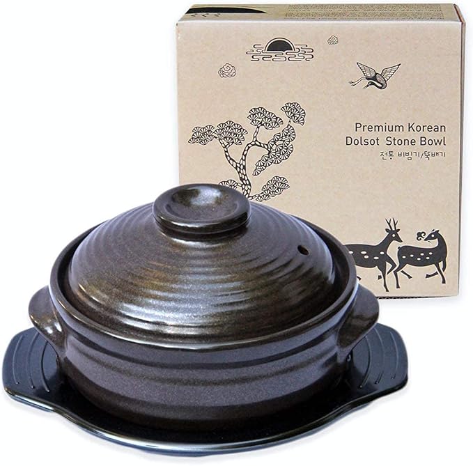 Crazy Korean Cooking Korean Stone Bowl (Dolsot), Sizzling Hot Pot for Bibimbap and Soup - Premium Ceramic (Large with Lid | 44 Fl oz)