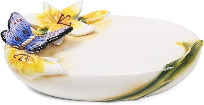 Ceramic Soap Dish Holder, for Bathroom,Tub and Kitchen Sink，3D Butterfly and Lily Design