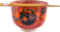 Urban Tokyo Handpainted Ceramic Glazed Japanese Ramen Udon Noodle Rice Bowl With Chopsticks 20 fl oz 5 inch Diameter Bowl Sets Color Box Packaging (Red Sakura Cherry Blossoms)