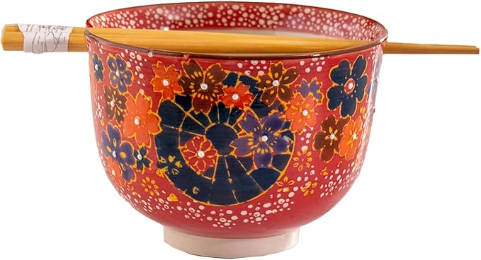 Urban Tokyo Handpainted Ceramic Glazed Japanese Ramen Udon Noodle Rice Bowl With Chopsticks 20 fl oz 5 inch Diameter Bowl Sets Color Box Packaging (Red Sakura Cherry Blossoms)