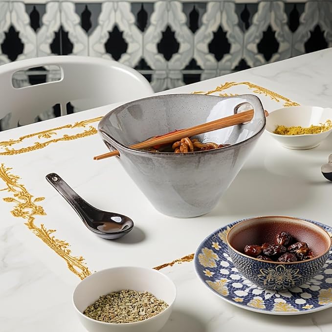 KOOV Porcelain Ramen Bowls and Spoons Set of 2, Japanese Ramen Noodle Bowl with Chopsticks and Spoons, 26 Ounce Deep Pho Bowl, Reactive Glaze (Variable Grey)