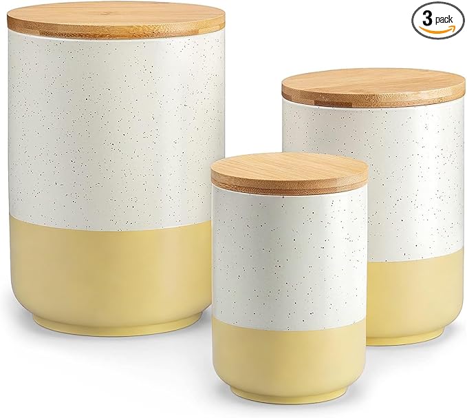 ARTONUSA 3-Pack Ceramic Kitchen Canister Set with Airtight Wood Lids, Food Storage Jars for Countertop (75oz/39oz/20oz, White)