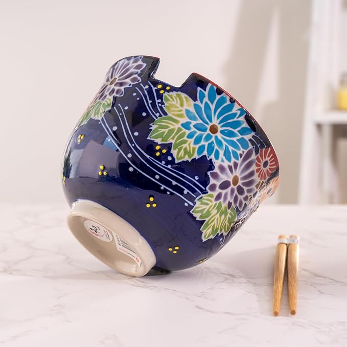 Urban Tokyo Handpainted Ceramic Glazed Japanese Ramen Udon Noodle Rice Bowl With Chopsticks 20 fl oz 5 inch Diameter Bowl Sets Color Box Packaging (Floral Assortment)