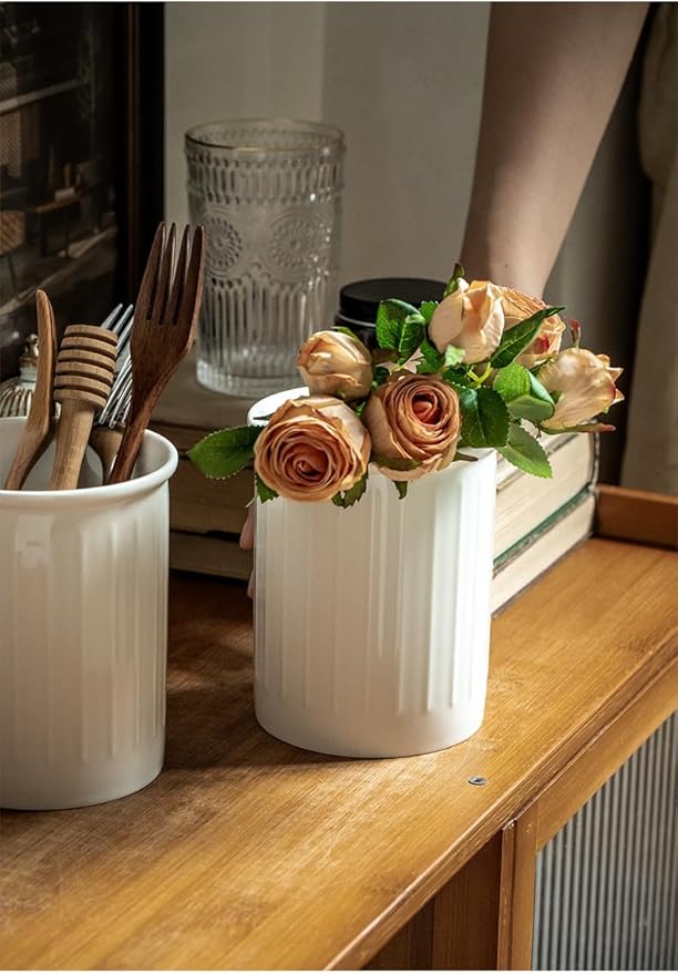 Kitchen Utensil Holder - Farmhouse Utensil Holder for Countertop - Ceramic Utensil Crock - Kitchen Decor & Housewarming Gift (White)