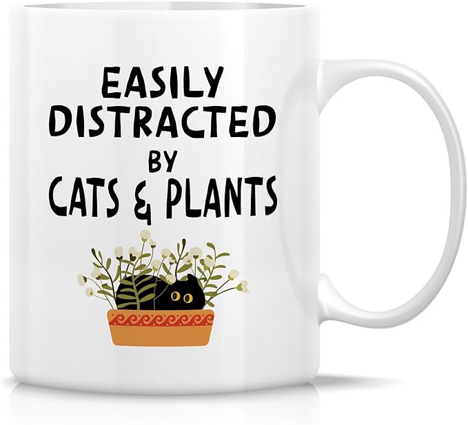 Retreez Funny Cat and Plant Lover Mug - Easily Distracted by Cat and Plants - 11 Oz Ceramic Coffee or Tea Cup - Hilarious Gift for Gardener, Cat Owner, Plant Lady - Birthday, Appreciation Gift For Mom