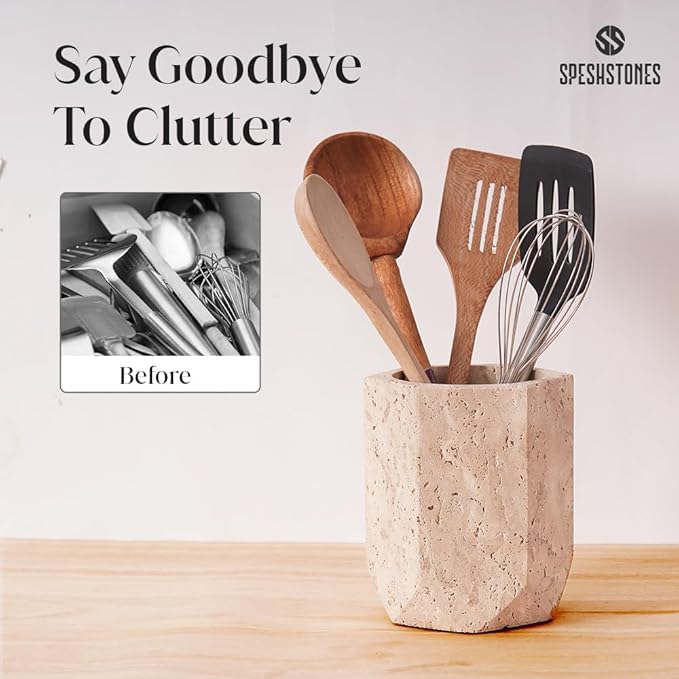Marble Utensil Holder 6.5 Inch Stone Cooking Utensils Set Crock for Countertop Storage, Modern Travertine Utensil Caddy, Spoon Holder & Spatula Organizer for Kitchen Decor